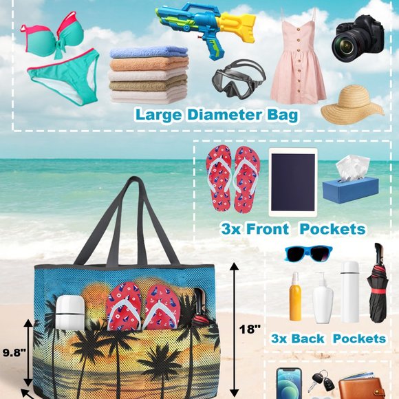 Large Sunset  Beach Patterned 7 Pocket Mesh Sand-Proof Beach Bag - Picture 2 of 5